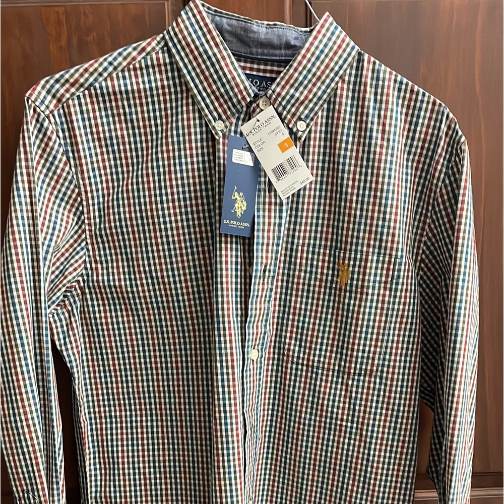 U.S. Polo Ass. L/S Button Down dress shirt NWT Small Blue/Maroon/Green Plaid